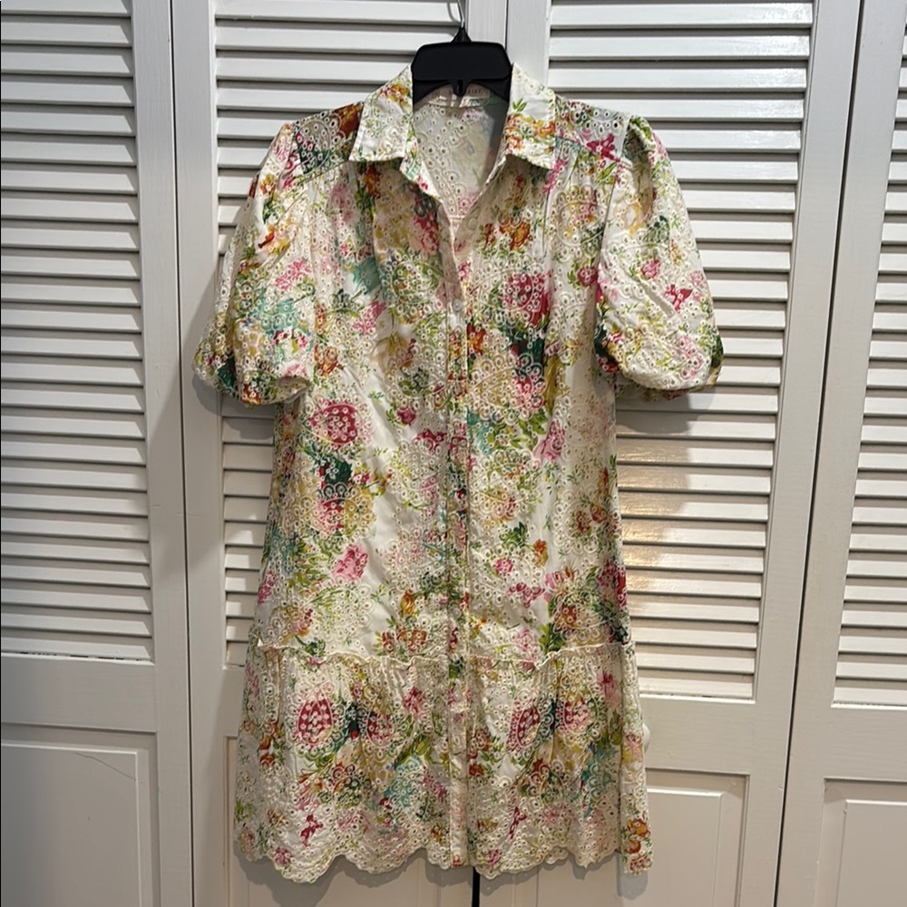 Floral Eyelet Shirt Dress with Scalloped Hem